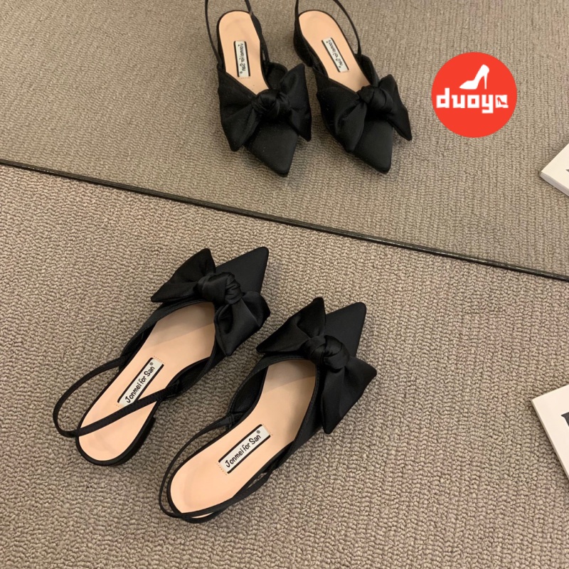 Duoya Giày Sandal Mũi Nhọn Gót Dày Đính Nơ Họa Tiết Chấm Bi Xinh Xắn