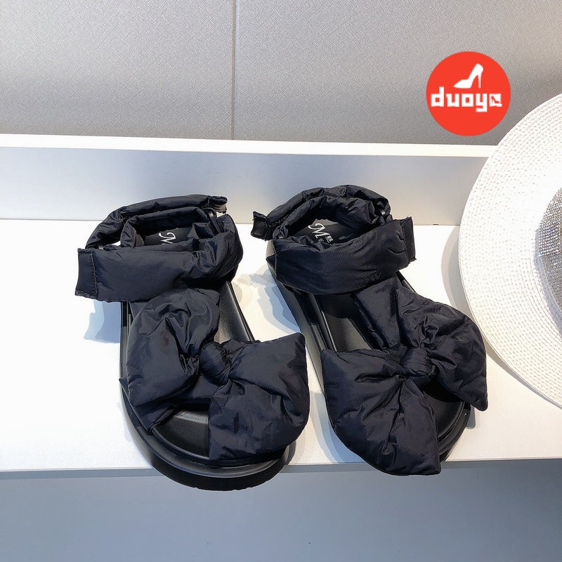 Duoya Tóc Thẳng ~ [Hàng Có Sẵn] Giày Sandal Hở Ngón Đế Dày Bằng Da Satin Đính Nơ Mùa Hè Tăng Chiều Cao Cho Nữ Miễn Phí Vận Chuyển