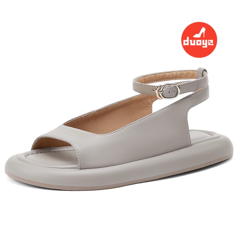 Duoya Tóc Thẳng ~ [Hàng Có Sẵn] Giày Sandal Hở Ngón Quai Da Mềm Phẳng Dày Mùa Hè Dễ Phối Đồ Cho Nữ