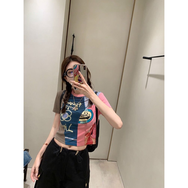 Áo Thun Cotton Ngắn Tay Cổ Tròn Dáng Ôm In Họa Tiết Thời Trang Mùa Hè Dành Cho Nữ