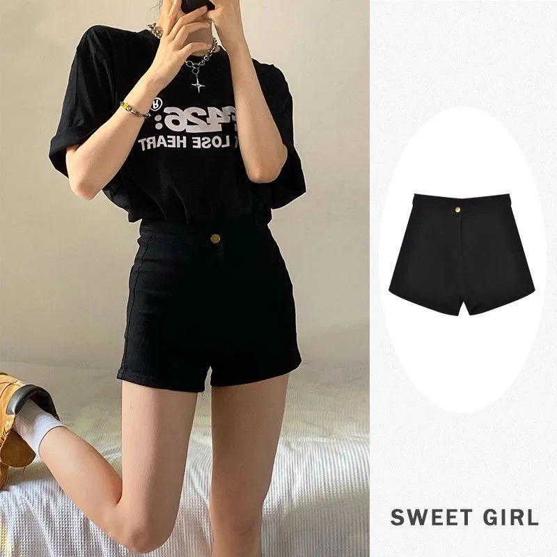 SUXI Quần Short Denim Màu Đen Lưng Cao Dáng Ôm Thời Trang Mùa Hè Cho Nữ