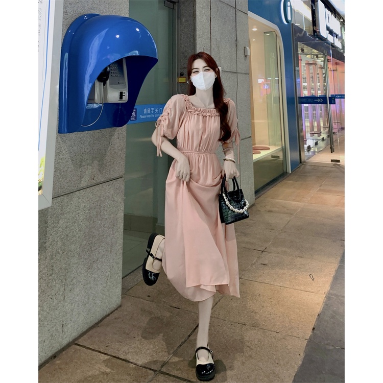 Đầm MIDI Mùa Hè Ôm Eo Một Bên Vai Diềm Xếp Nếp Tay Lửng Cho Nữ