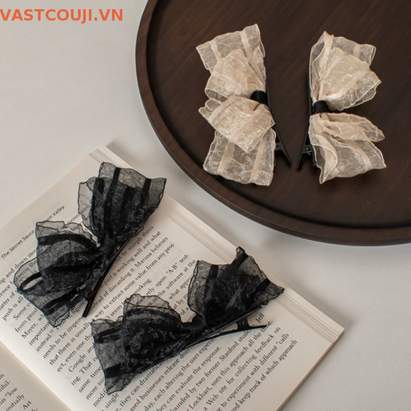 Bộ 2 Kẹp Tóc Hình Nơ Phối Ren Màu Đen / Be Xinh Xắn Thời Trang Dự Tiệc Cho Bạn Gái