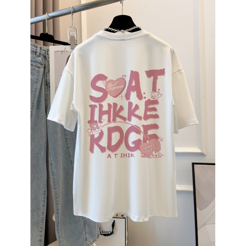 Áo Thun Cotton Ngắn Tay Dáng Rộng In Chữ Sau Lưng Thời Trang Mùa Hè Cho Nữ