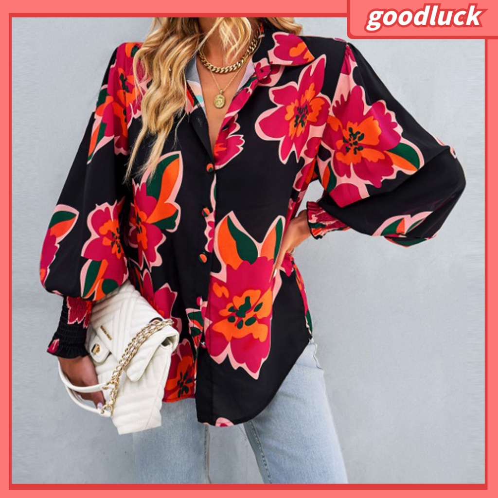 Áo Sơ Mi Tay Dài Phồng Xếp Ly Cài Một Hàng Khuy Co Giãn In Họa Tiết Hoa Thời Trang Công Sở