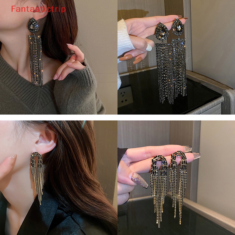 [Fantastictrip] Bông Tai Kim Bạc Dáng Dài Đính Đá Thời Trang Dành Cho Nữ