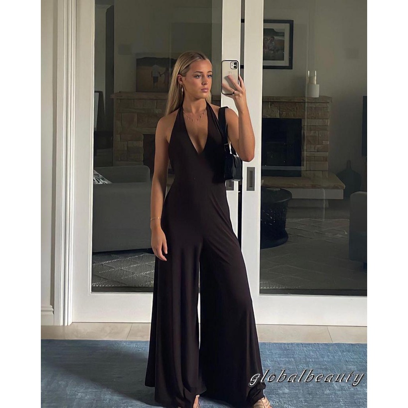 Bộ Áo Liền Quần Hai Dây Màu Sắc Trơn Ống Rộng Thời Trang Mùa Hè Cho Nữ