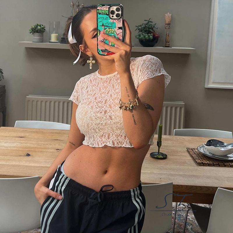 Áo Ren Ngắn Tay Cổ Tròn Xuyên Thấu Thời Trang Mùa Hè Dành Cho Nữ CY03