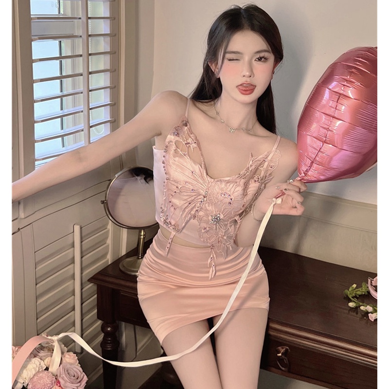 Bộ Áo Ống Thêu Họa Tiết Bướm + Chân Váy Ôm Hông Quyến Rũ Thời Trang Mùa Hè Cho Nữ