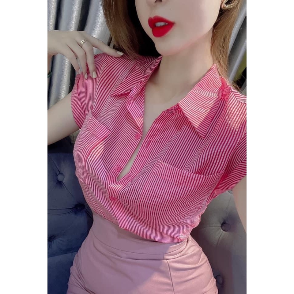 Áo sơ mi kẻ sọc tay liền cánh dơi túi ngực vải tơ đũi H202