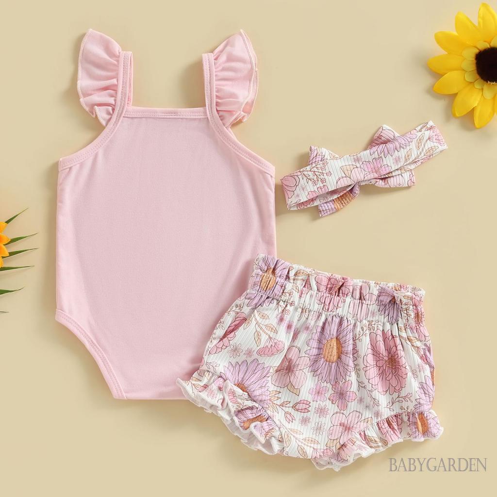 Set Áo Liền Quần Tay Cánh Tiên + Quần Short Dây Rút + Băng Đô Cài Tóc Thời Trang Đường Phố Cho Bé Gái