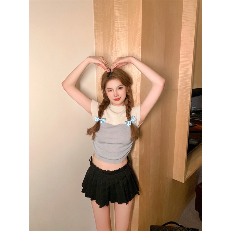 Áo Thun Tay Ngắn Ghép Nối Màu Xanh Dương Và Trắng Dáng Ôm Thời Trang Mùa Hè Dành Cho Bạn Nữ