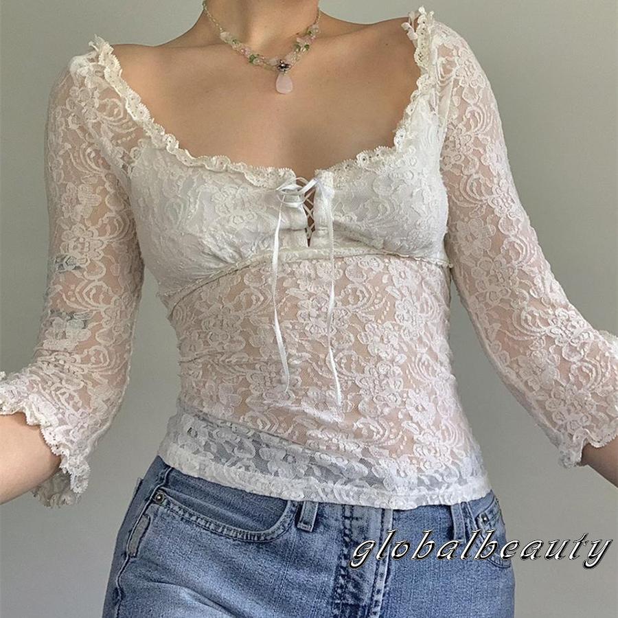 Áo Thun Tay 3 / 4 Phối Ren Xuyên Thấu Thời Trang Mùa Hè Cho Nữ