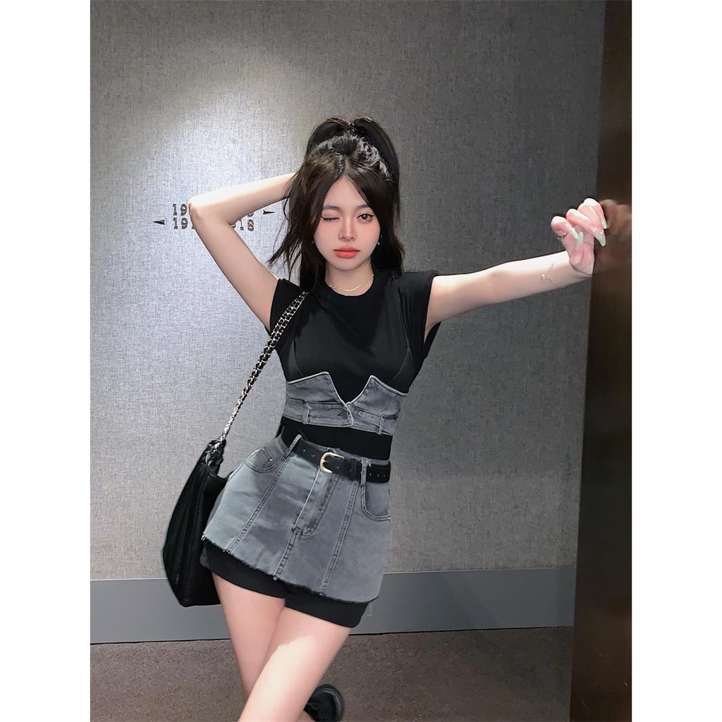 Set Áo Thun Ngắn Tay + Chân Váy Denim Thời Trang Mùa Hè Phong Cách Mới Cho Nữ