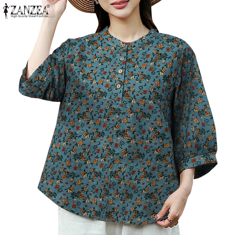 Áo ZANZEA cotton tay lửng in họa tiết hoa phong cách Hàn Quốc dành cho nữ