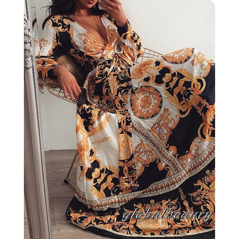 Đầm Dài Cổ Chữ V Eo Cao Tay Dài In Họa Tiết Hoa Phong Cách Boho Cổ Điển Dành Cho Nữ