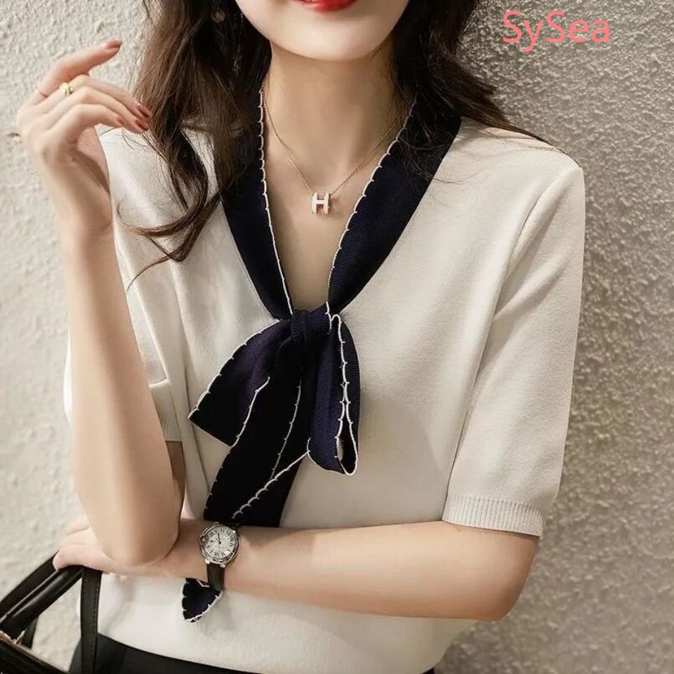 Áo Dệt Kim Phối Nơ Xinh Xắn Theo Phong Cách Mùa Hè Dành Cho Nữ