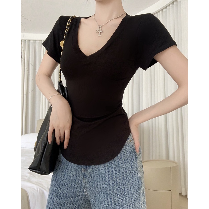 Áo Thun Tay Ngắn Cổ Chữ V Dáng Ôm Phối Túi Thời Trang Quyến Rũ Cho Nữ