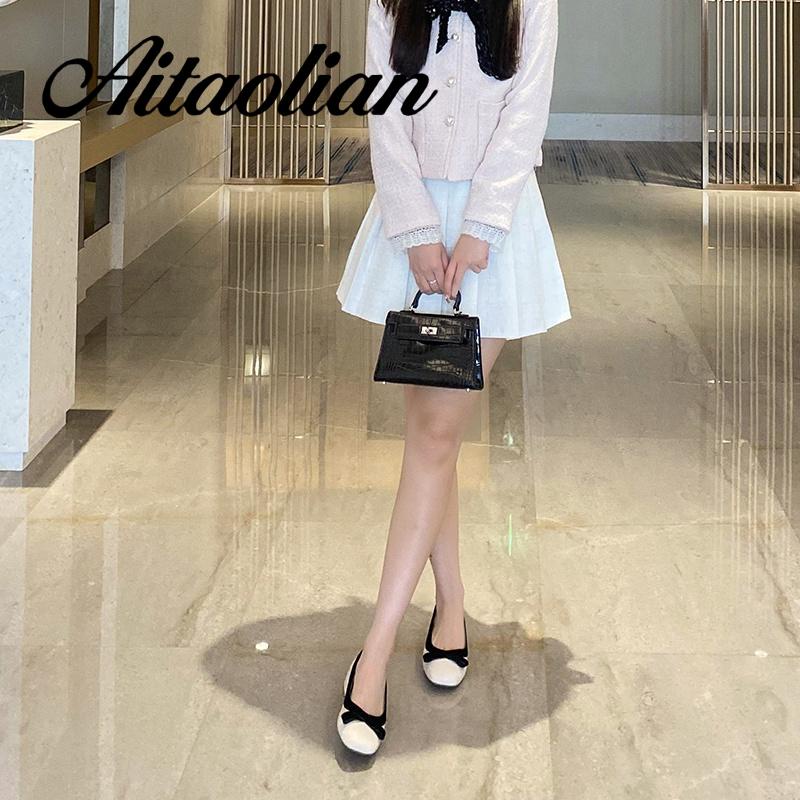 Giày Cao Gót 3cm Da Thật Mũi Vuông Đế Bằng Phong Cách retro Hợp Thời Trang Cho Nữ