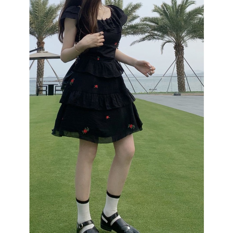 Đầm Ngắn Mùa Hè Thêu Họa Tiết Viền Bèo Thời Trang Cho Nữ