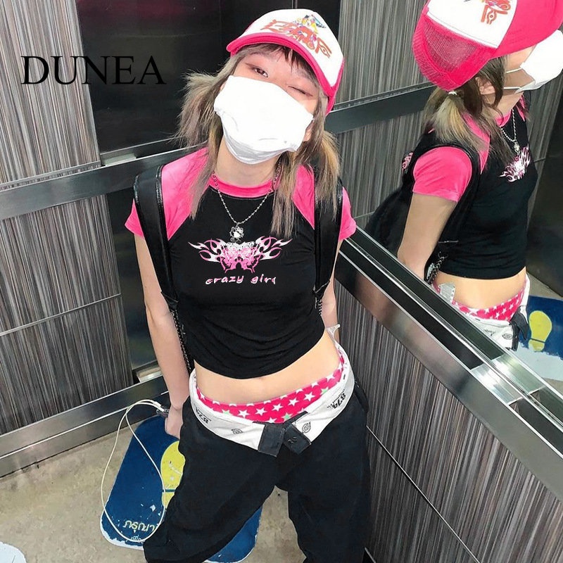 DUNEA Áo Thun Crop Top Dáng Ôm In Khối Màu Phong Cách DUNEA Y2k Dành Cho Bạn Nữ