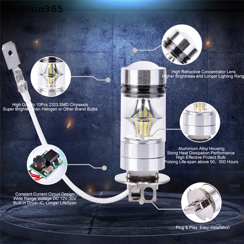 Set 2 Đèn LED Ánh Sáng Trắng 100W H3 2828 DRL 1000LM Năng Lượng Cao Cho Xe Hơi ifashion365