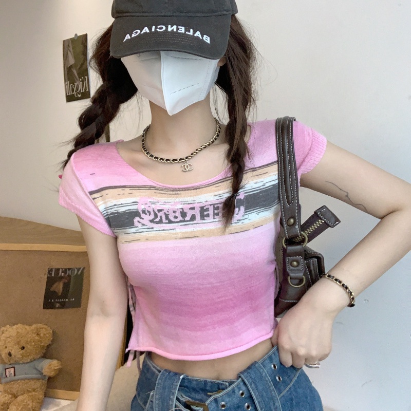 Áo Dệt Kim Dây Rút Kẻ Sọc In Chữ Phong Cách Hàn Quốc Cho Nữ