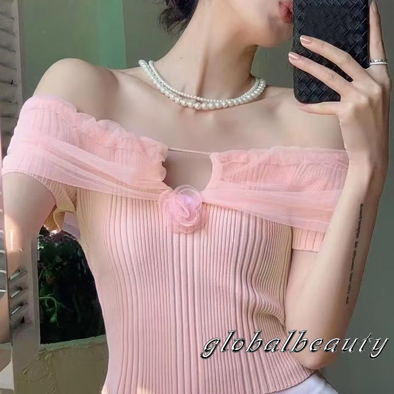 Áo Thun Tay Ngắn Hở Vai Màu Trơn Họa Tiết Hoa 3D Dành Cho Nữ