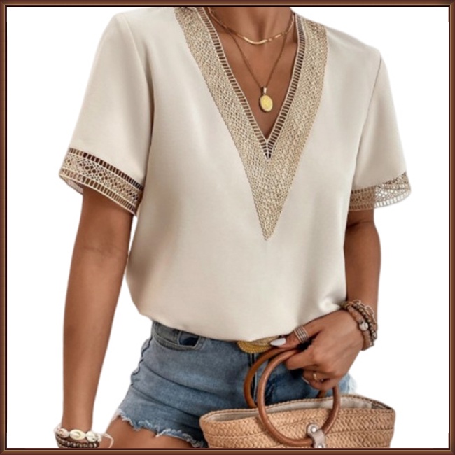 Áo Thun 100% Polyester 2023 Tay Ngắn Cổ Chữ V Phối Ren Dáng Rộng Cho Nữ