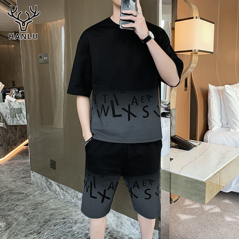 Set đồ thể thao HANLU ngắn tay in họa tiết thời trang năng động cho nam
