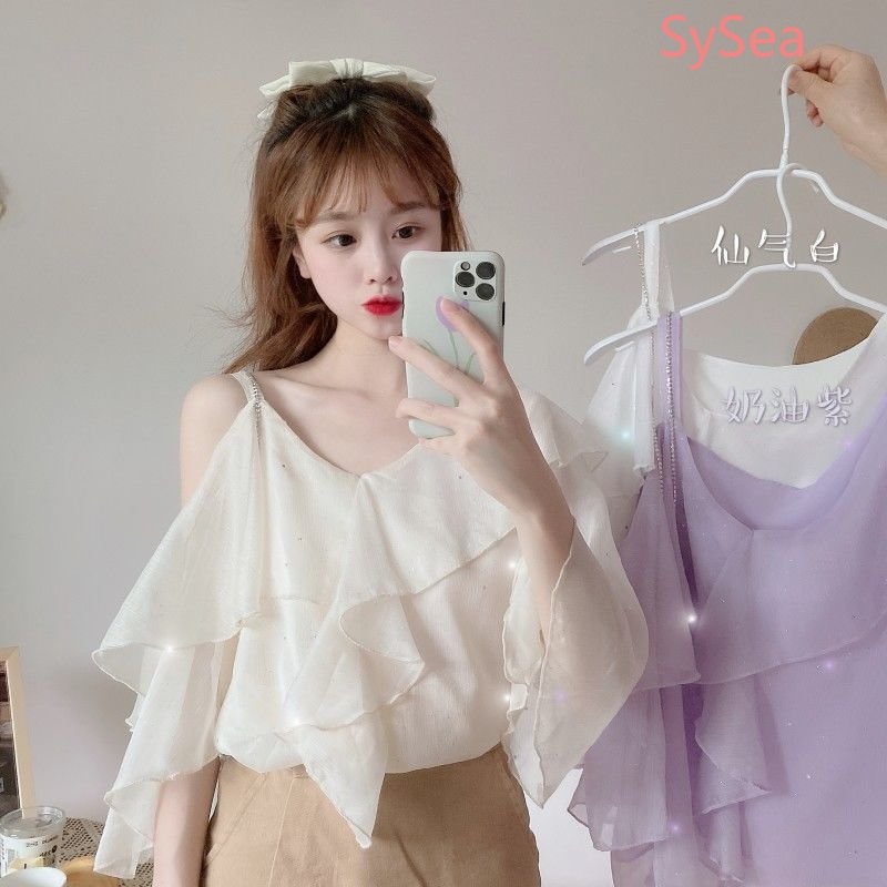 Áo Sơ Mi Voan Cổ Tim Trễ Vai Xinh Xắn Dành Cho Nữ