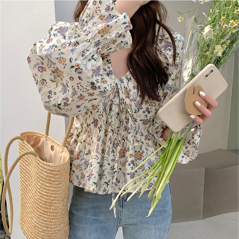 Áo Hoa Trễ Vai Tay Dài Phối Dây Rút Thời Trang Hàn Quốc Cho Nữ