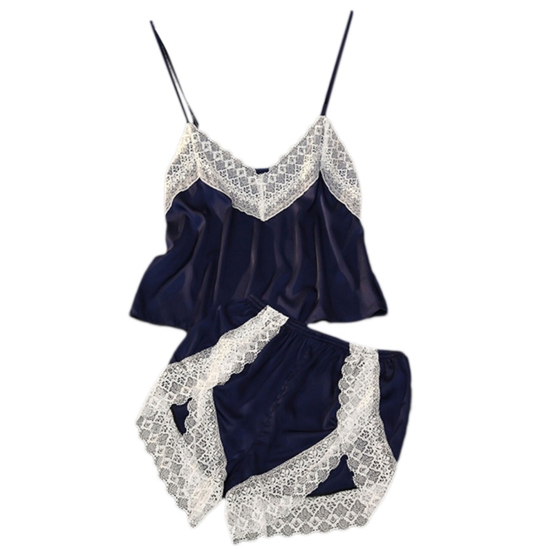 Bộ Đồ Ngủ 2 Mảnh Áo Không Tay Quần Short Màu Trơn Viền Ren Thoáng Khí Thời Trang Mùa Hè Cho Nữ