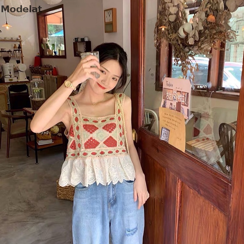 Áo Hai Dây Mùa Hè MFC Thêu Họa Tiết Rỗng Ghép Nối Cổ Điển Cho Nữ WTD