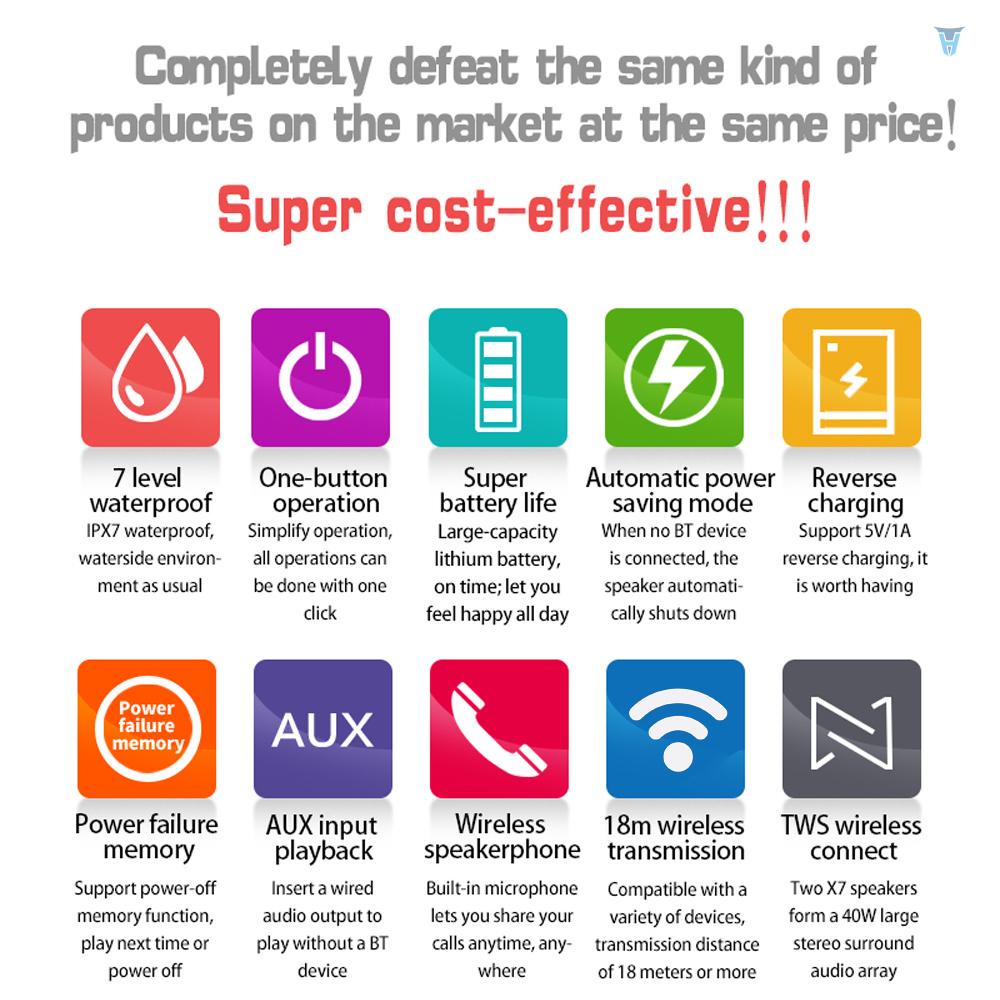Loa Bluetooth Không Dây X7 IPX7 TWS 20W Âm Thanh Siêu Trầm Hỗ Trợ Ổ Đĩa AUX Có Thể Sạc Lại