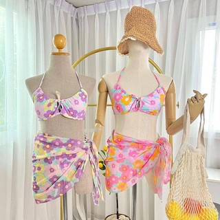 Bộ đồ bơi 3 mảnh Bikini in hoa chia đồ bơi nữ màu hồng tím