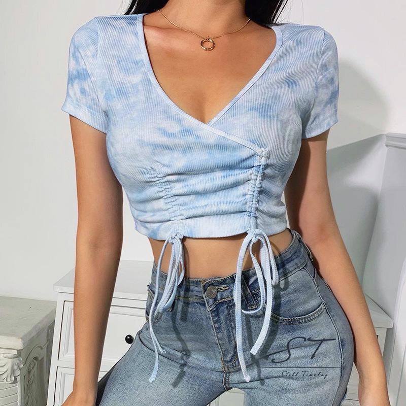 Áo Dệt Kim Ngắn Tay Dáng Ôm Họa Tiết Màu Nhuộm Thời Trang Mùa Hè CY03 Cho Nữ