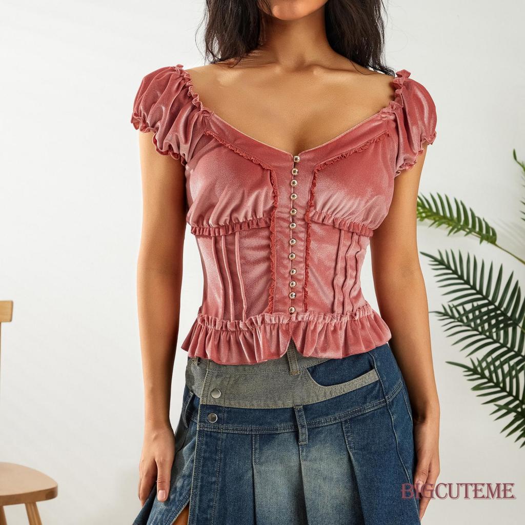 Áo Croptop Tay Ngắn Cổ Vuông Thời Trang Mùa Hè Xinh Xắn Cho Nữ