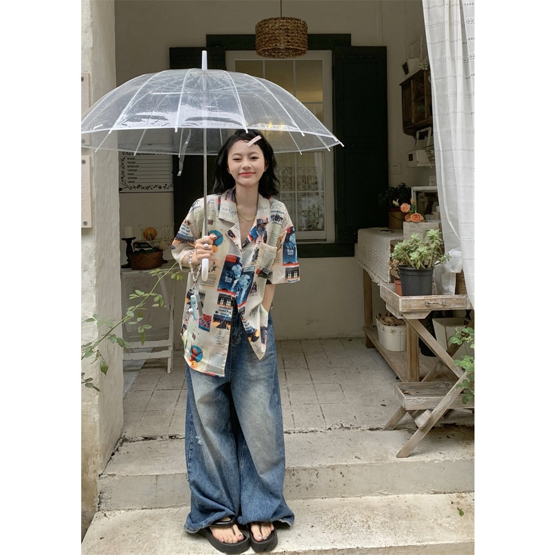 Áo Sơ Mi Nữ Ngắn Tay In Họa Tiết vintage Thời Trang