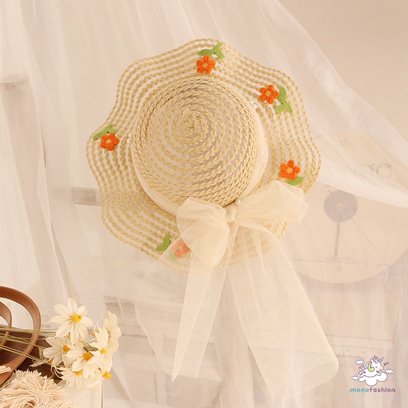 Nón Cối Phối Nơ Ren Hoa Thời Trang Mùa Hè Cho Bé Gái