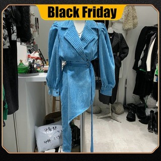 Winter new style style retro fashion Korean version of the irregular hem waist dress women's trend