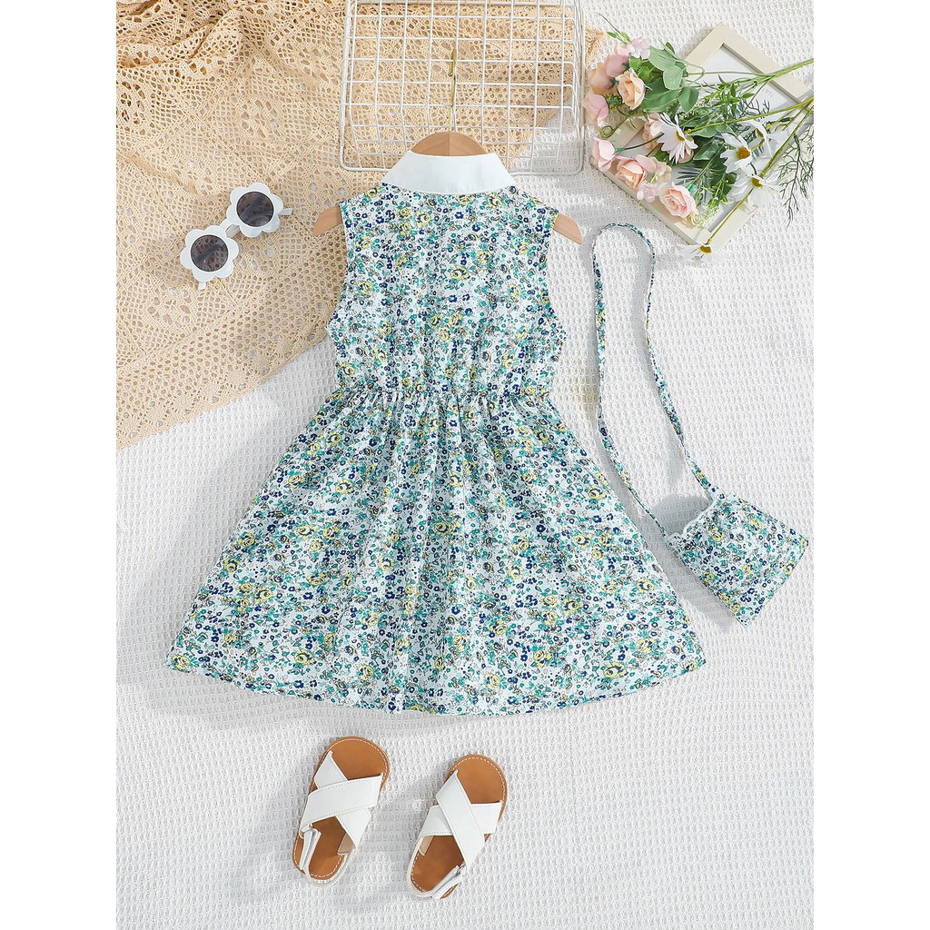 Váy xinh bé gái 4-7 Tuổi đầm công chúa Phong Cách Không Tay Cài Nút Họa Tiết Hoa Nhỏ thời trang mùa hè cho bé trẻ em