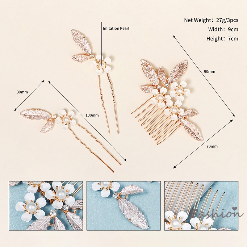 Bộ 3 Trâm Cài Tóc Chữ U Đính Hoa Và Ngọc Trai Thanh Lịch Cho Cô Dâu