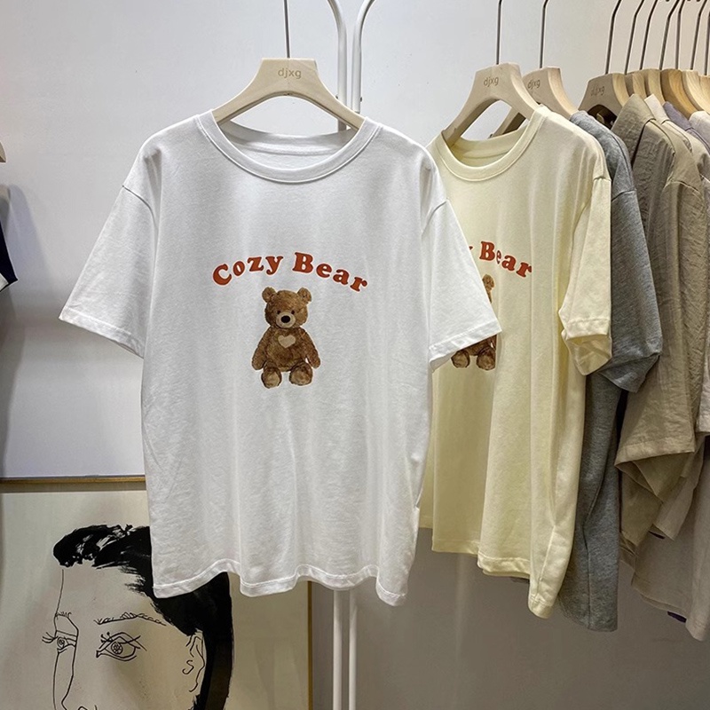 Áo Thun 100% Cotton Tay Ngắn Cổ Tròn In Họa Tiết Phong Cách Hàn Quốc Cho Nữ