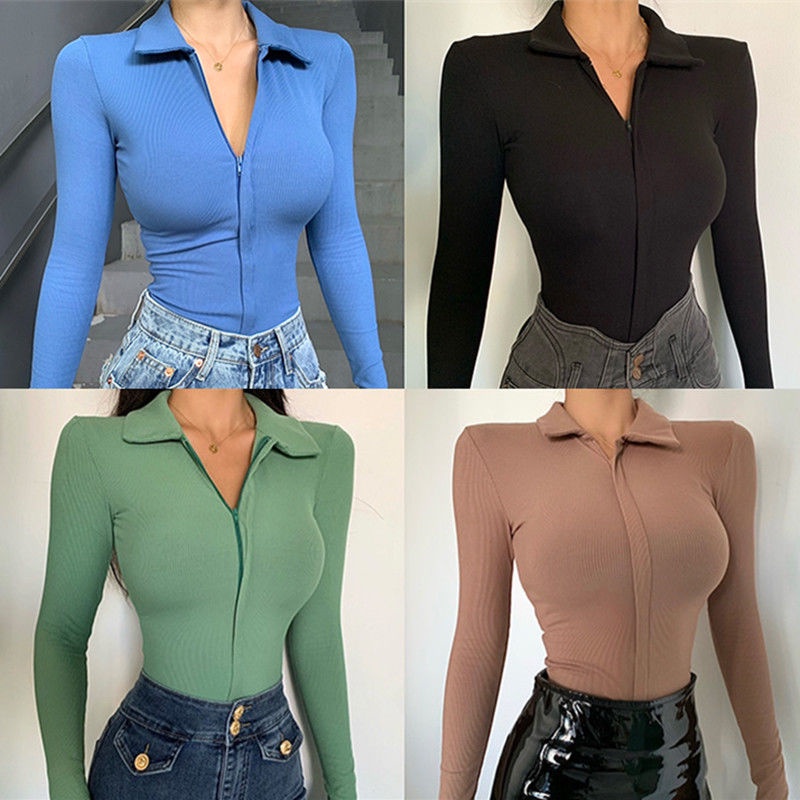 Áo Thun Tay Dài Cổ Bẻ Dáng Ôm Thời Trang Xuân Thu Cho Nữ Z