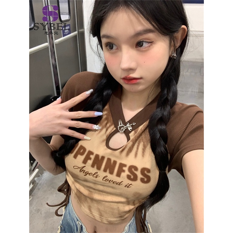 Áo baby tee Thun croptop Ngắn Tay In Chữ Thiết Kế Dây Rút Phong Cách Mới Mùa Hè Cho Nữ