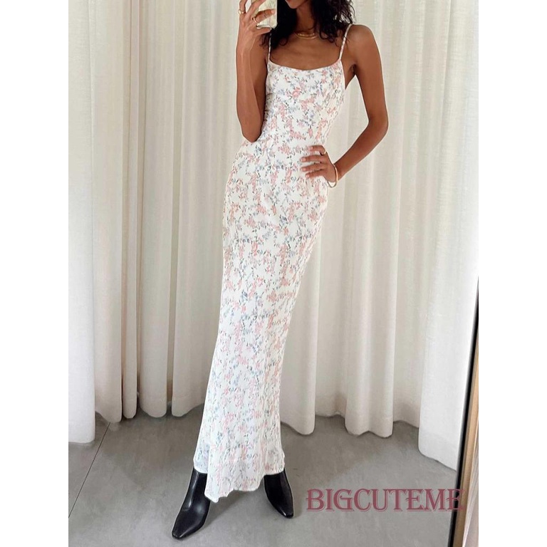 [] - Đầm Dài Dáng Ôm Không Tay Hai Dây Họa Tiết Hoa Mùa Hè Cho Nữ