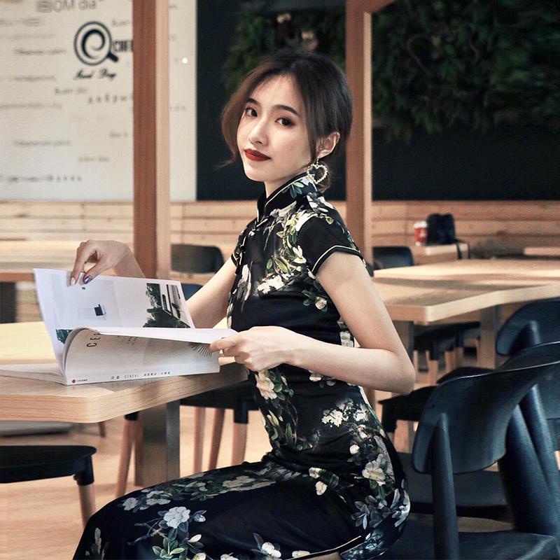 Đầm Sườn Xám Tay Ngắn Dáng Dài Màu Đen Phong Cách Trung Hoa Thời Trang Mùa Hè Cao Cấp