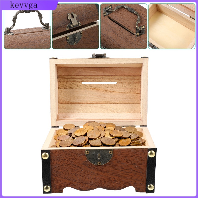 Box Treasure Wooden Chest Storage Bank Piggywood Decorativemoney Lock Vintage Boxes Trunk Kids Keepsake Pirate Coin Jewelry Lids