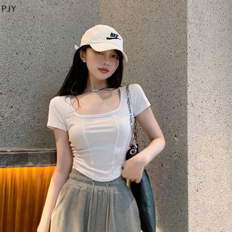 Áo Croptop Tay Ngắn Cổ Vuông Màu Sắc Đơn Giản Cho Nữ